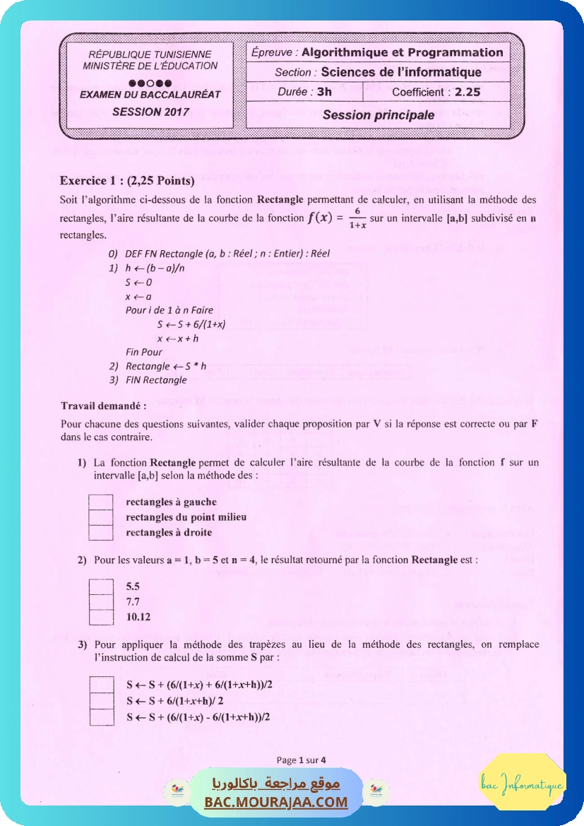 Sujet principale algorithme Bac 2017 – Section info